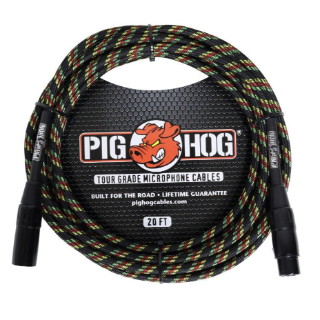 Pig Hog Rasta Stripes Woven Mic Cable, 20ft XLR