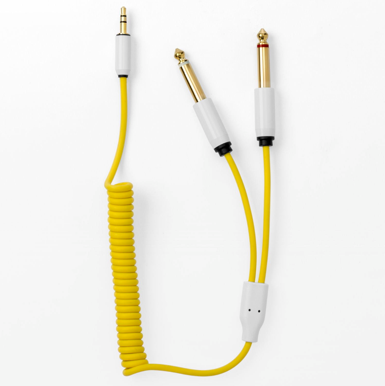 MyVolts audio cable, 3.5mm straight jack to 2 x 6.35mm straight mono jack, curly 40cm to 50cm, Pineapple Yellow